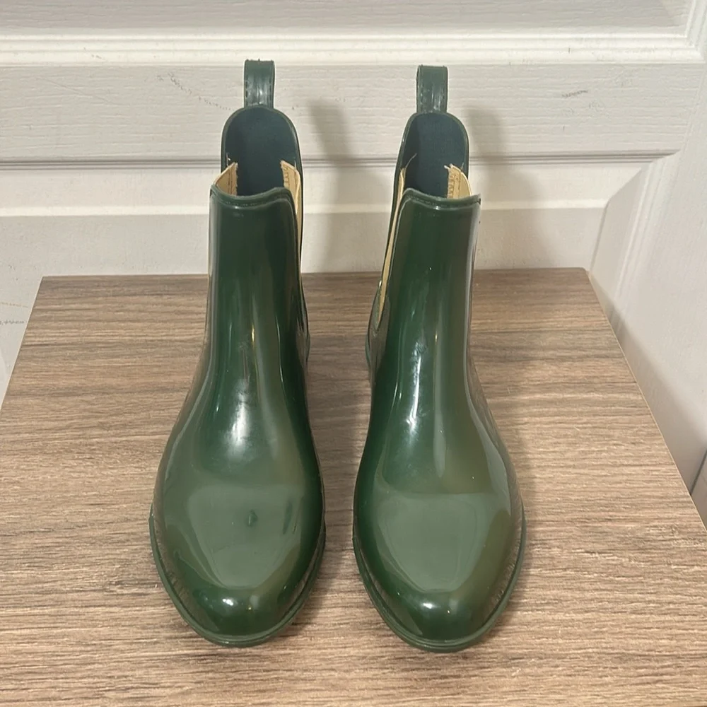 RALPH LAUREN ANKLE RUBBER RAIN BOOTS IN OLIVE GREEN AND GOLD ELASTIC SIZE 7 - Picture 3 of 6